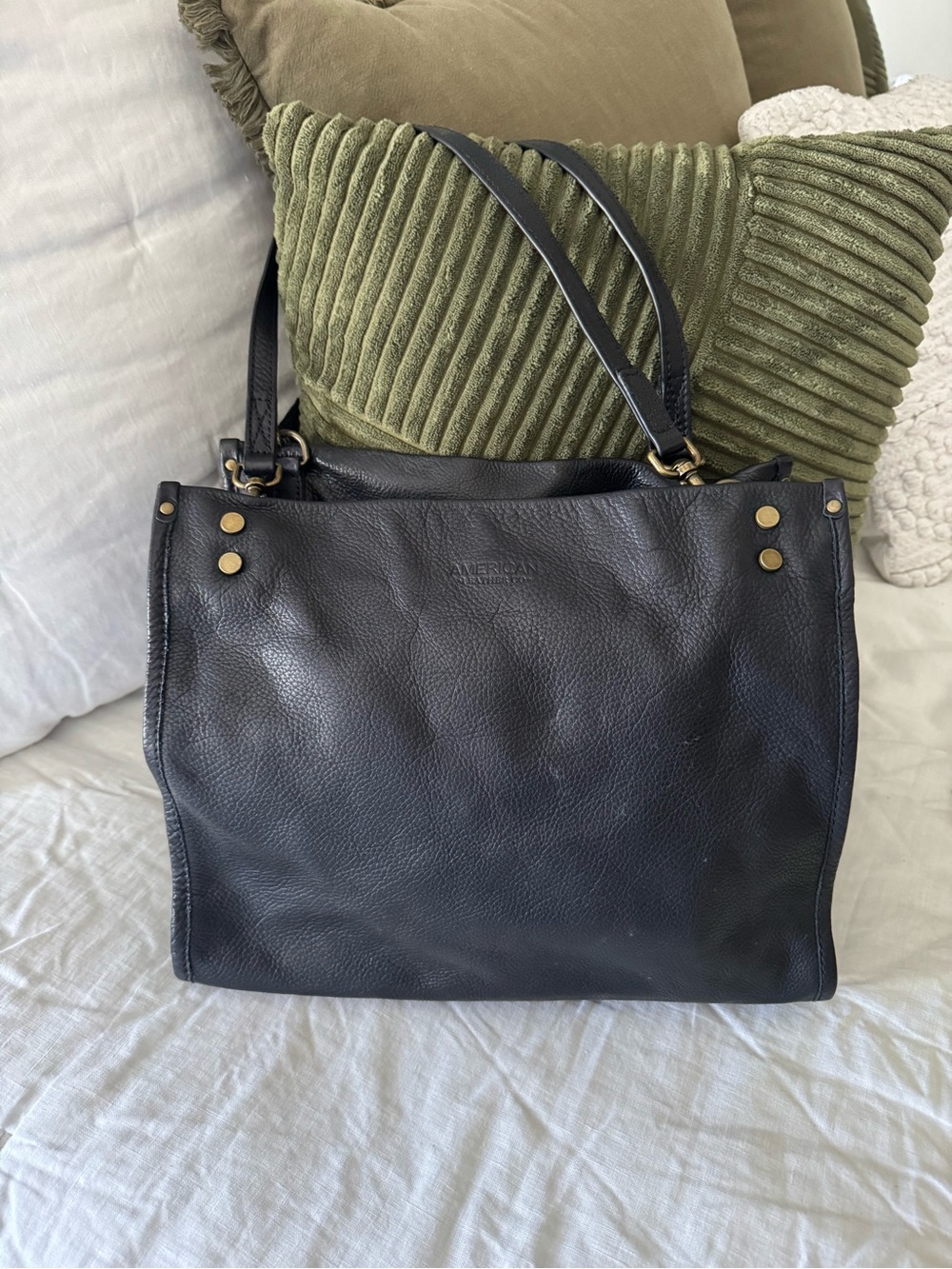 Black Leather Shoulder Tote with Brass Accents